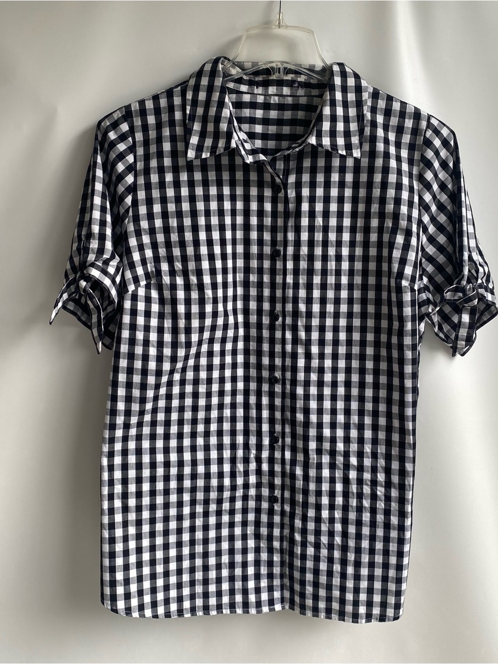 Women’s black white gingham plaid short sleeve blouse 18 fall winter cottagecore
